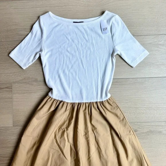 Gap Cotton Midi Dress Contrast White Tan XXS - Picture 4 of 8